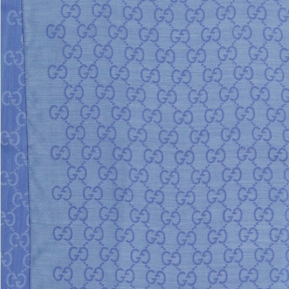**SOLD** Authentic GUCCI light Blue & Periwinkle Wool And Silk Logo Scarf NWT - Picture 8 of 9